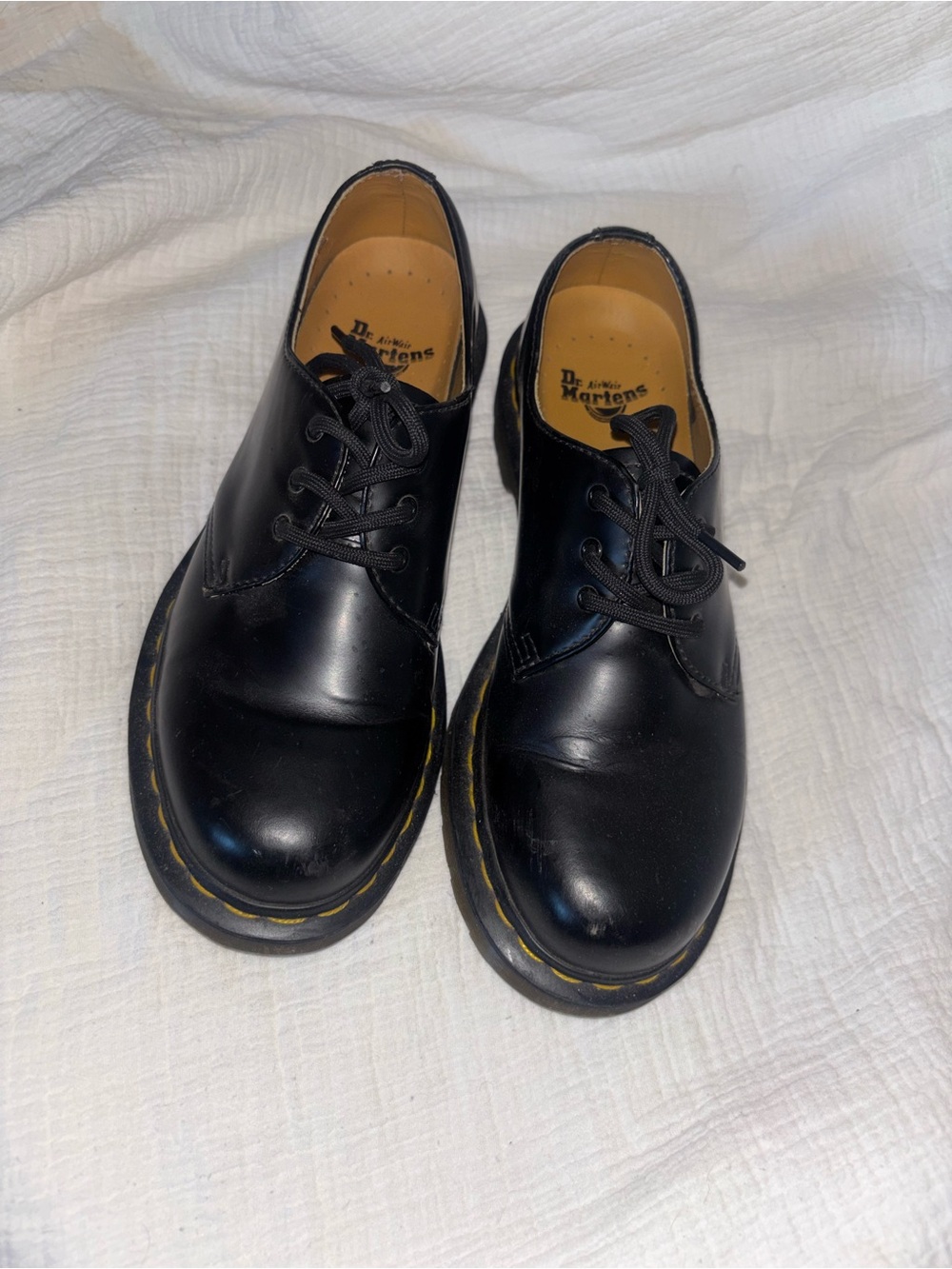 Dr. Martens Black Leather 3-Eye Derby with Yellow Stitching